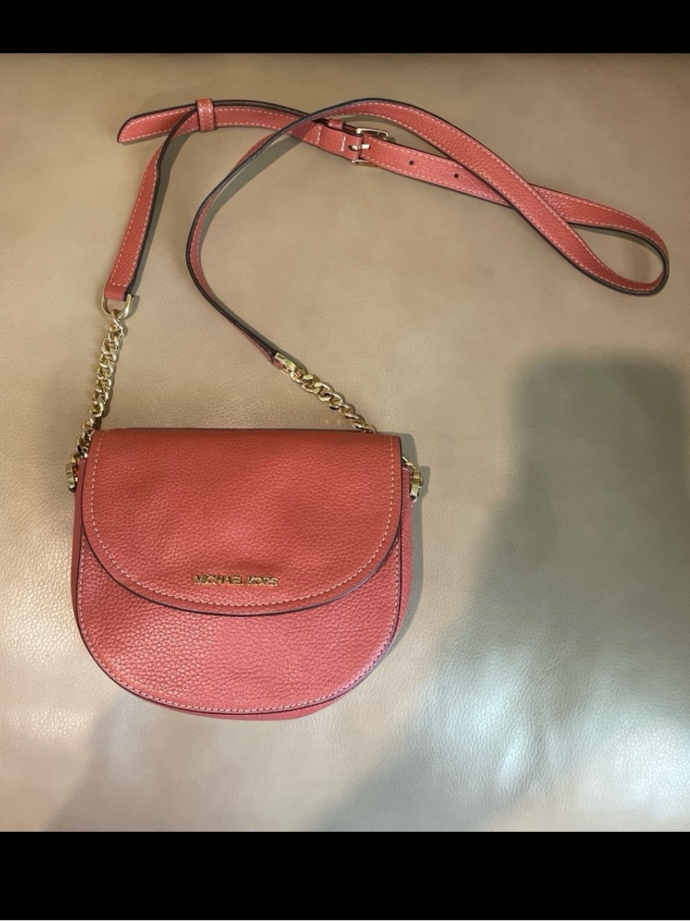 Michael Kors Coral Leather Crossbody Saddle Bag with Gold Chain